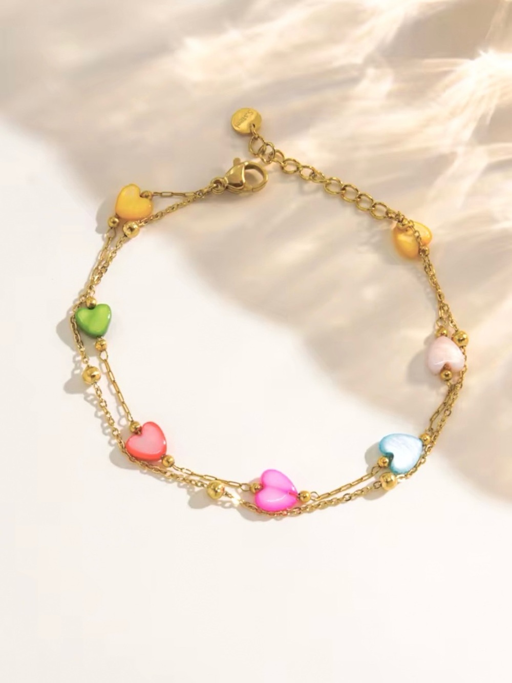 Gold Chain Bracelet with Colorful Heart Charms